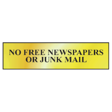 ASEC `No Free Newspapers or Junk Mail` 200mm x 50mm Metal Strip Self Adhesive Sign   - Gold