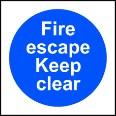 ASEC `Fire Escape Keep Clear` Sign 100mm x 100mm  - Blue & White