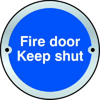 ASEC `Fire door Keep shut` Disc Sign 75mm Satin Anodised Aluminium - Blue & White with Satin Anodised Aluminium Border