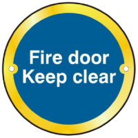 ASEC `Fire door Keep clear` Sign 75mm Polished Brass - Blue & White