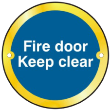 ASEC `Fire door Keep clear` Sign 75mm Polished Brass - Blue & White