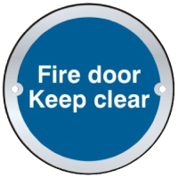 ASEC `Fire door Keep clear` Sign 75mm Stainless Steel - Blue & White