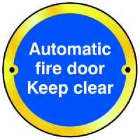 ASEC Sign `Automatic Fire Door Keep Clear` 75mm Polished Brass - Blue & White