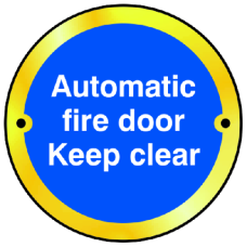 ASEC Sign `Automatic Fire Door Keep Clear` 75mm Polished Brass - Blue & White
