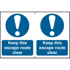 ASEC `Keep This Escape Route Clear` 200mm x 150mm PVC Self Adhesive Sign 2 Per Sheet - Blue & White