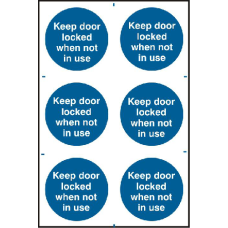 ASEC `Keep Door Locked When Not In Use` 200mm x 300mm PVC Self Adhesive Sign 6 Per Sheet - Blue & White