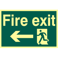 ASEC `Fire Exit` 200mm x 300mm PVC Self Adhesive Photo luminescent Sign Left - Photoluminescent