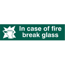 ASEC `In Case Of Fire Break Glass` 200mm x 50mm PVC Self Adhesive Sign. 1 Per Sheet - Green