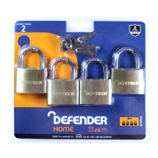 DEFENDER Brass Open Shackle Padlock 40mm Keyed Alike 4 Pack - Steel